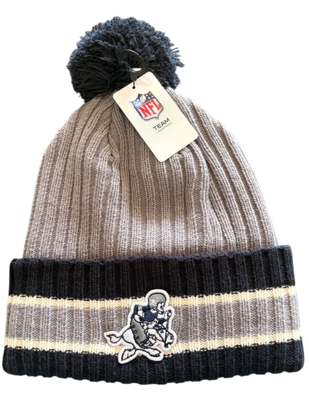 Dallas Cowboys Cuffed Knit Pom Beanie NFL Vintage Logo Winter Navy Gray NWT